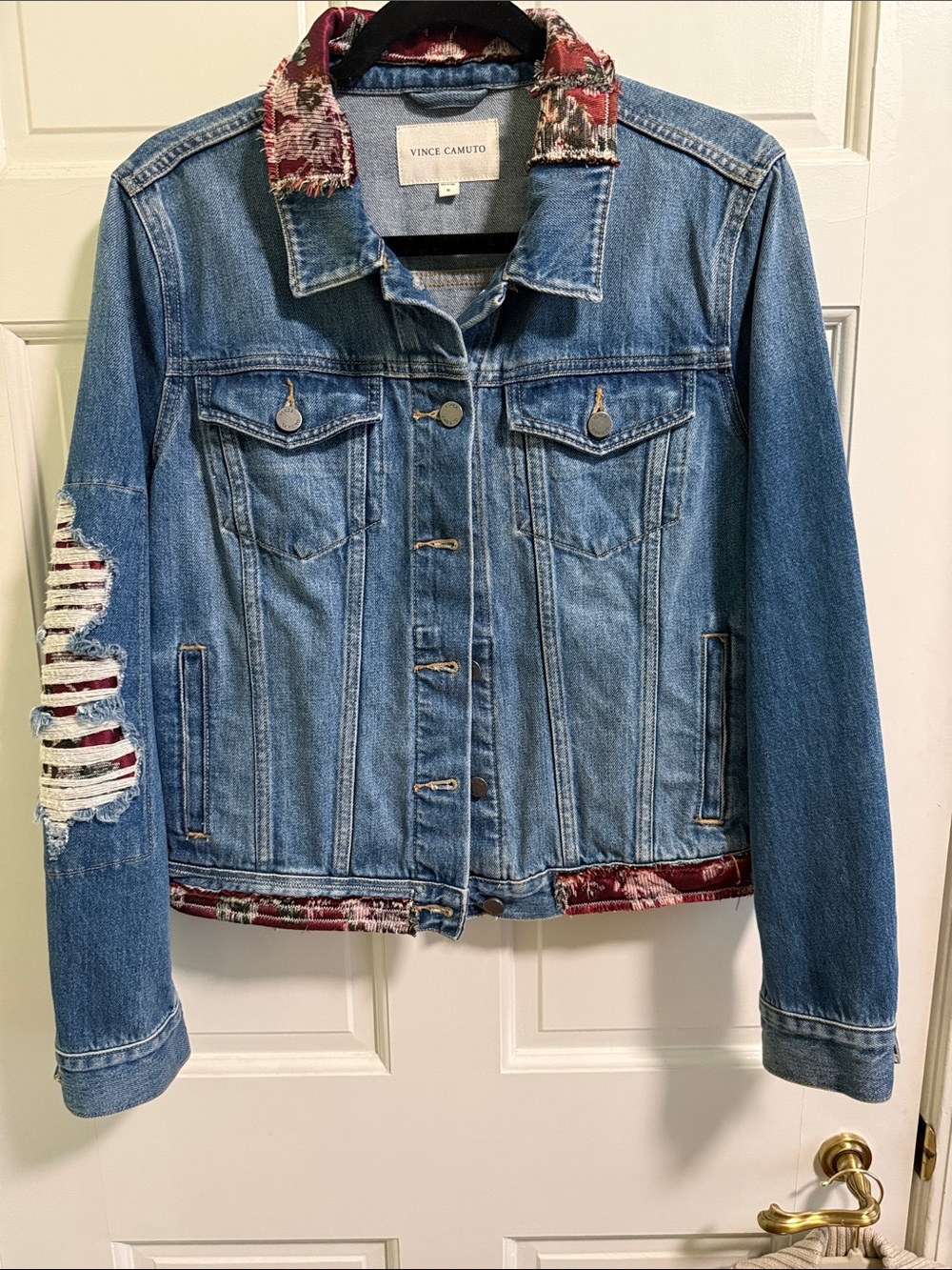 Vince Camuto Blue Denim Jacket with fabric Patterned Trim , Sz M
